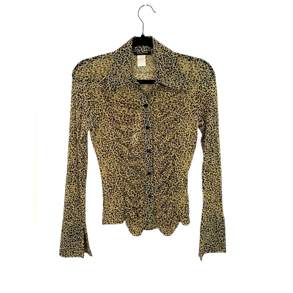 Vintage 90 Kay Celine Sheer Leopard  Mesh Rouched Button Down VNeck Shirt Top 8